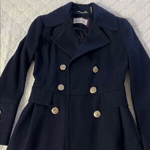 Calvin Klein Women's Dark Blue Pea Coat with Gold Buttons
